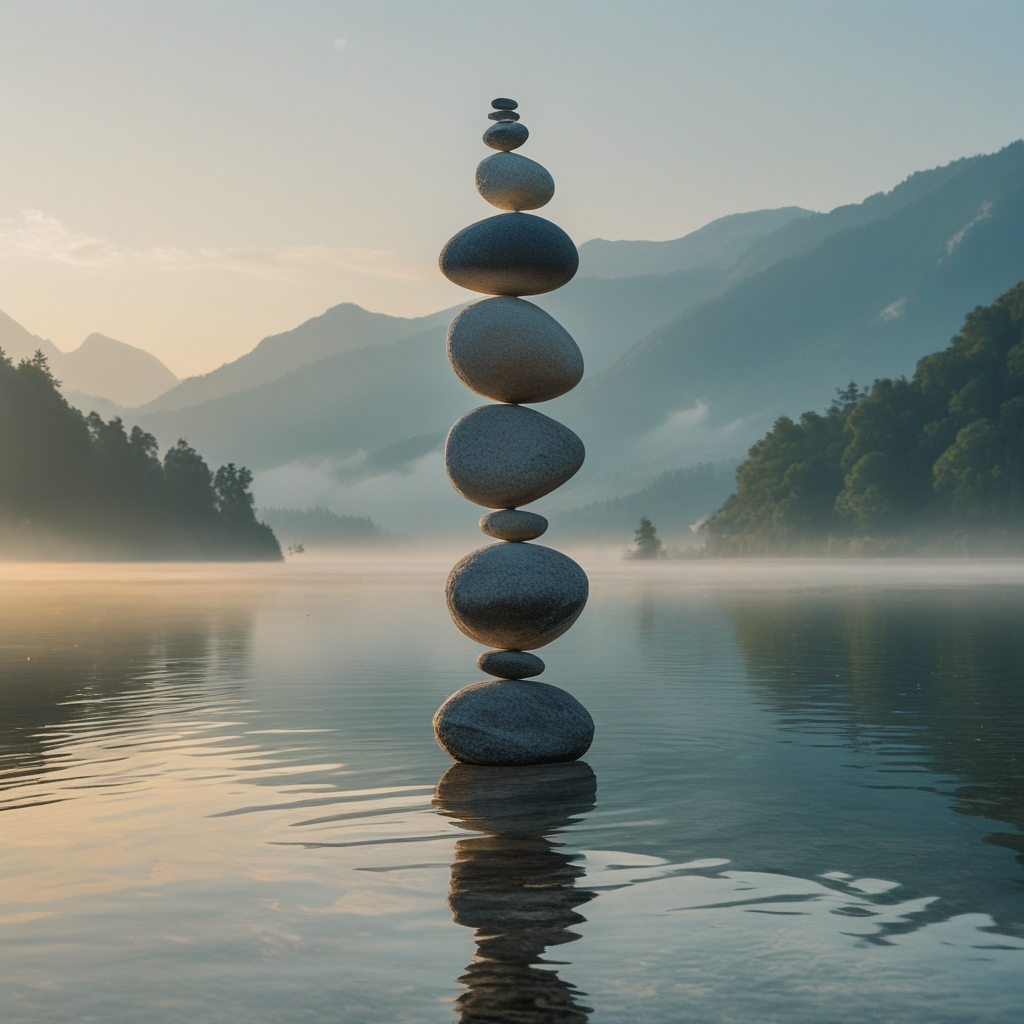 Large smooth stones balanced in a vertical tower on a calm lake surface, misty mountain landscape in the background, serene natural light