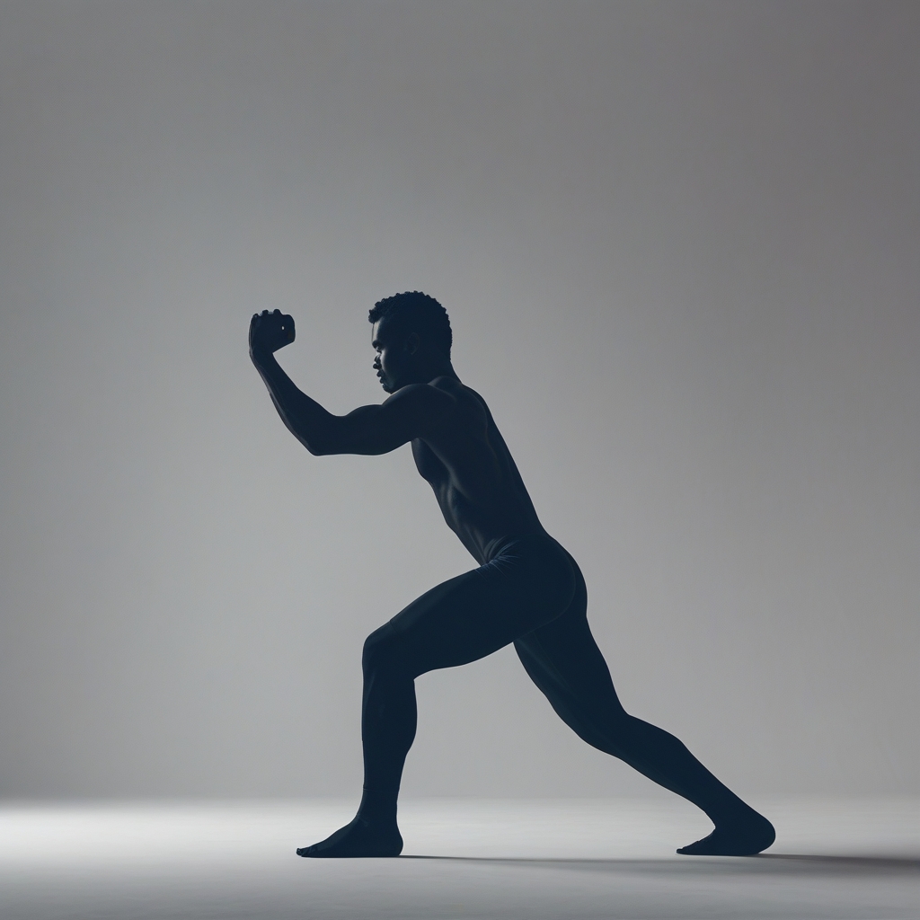 Abstract silhouette of a human body in deep side stretch position against soft gray background, natural diffused studio lighting highlighting muscle contours